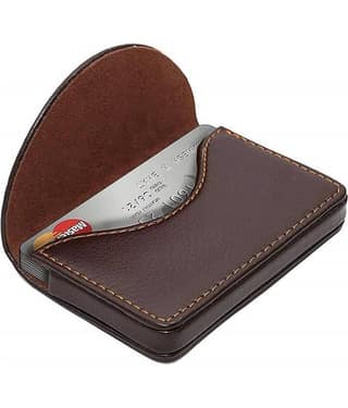 PU Leather Pocket Sized Stitched Business Credit Card Holder with Magnetic Shut - Brown