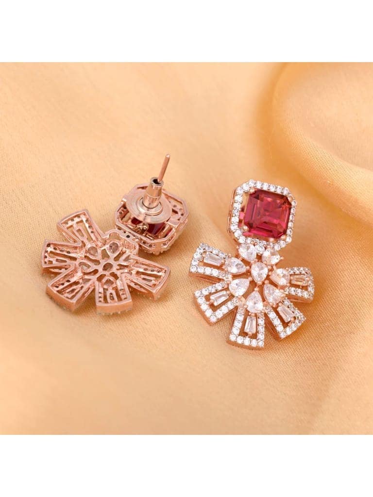Exquisite Ruby Floral design red earrings Rose gold plated AD studded view 2