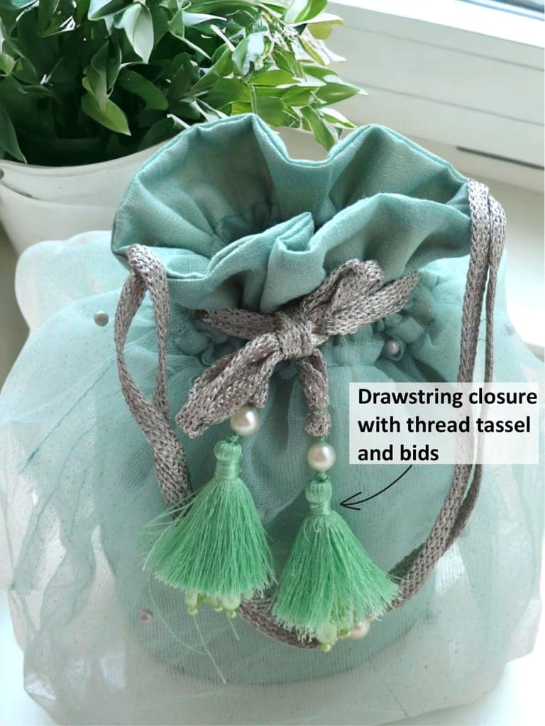 ABC Exquisite Handmade Indian Batua Potli Bag with Rose Gold Thread Handle, 3-Layered Net and Pearls - Ideal Gift for Her, Wedding Clutch- Perfect Purse for Parties & Weddings (Sky Blue) view 4