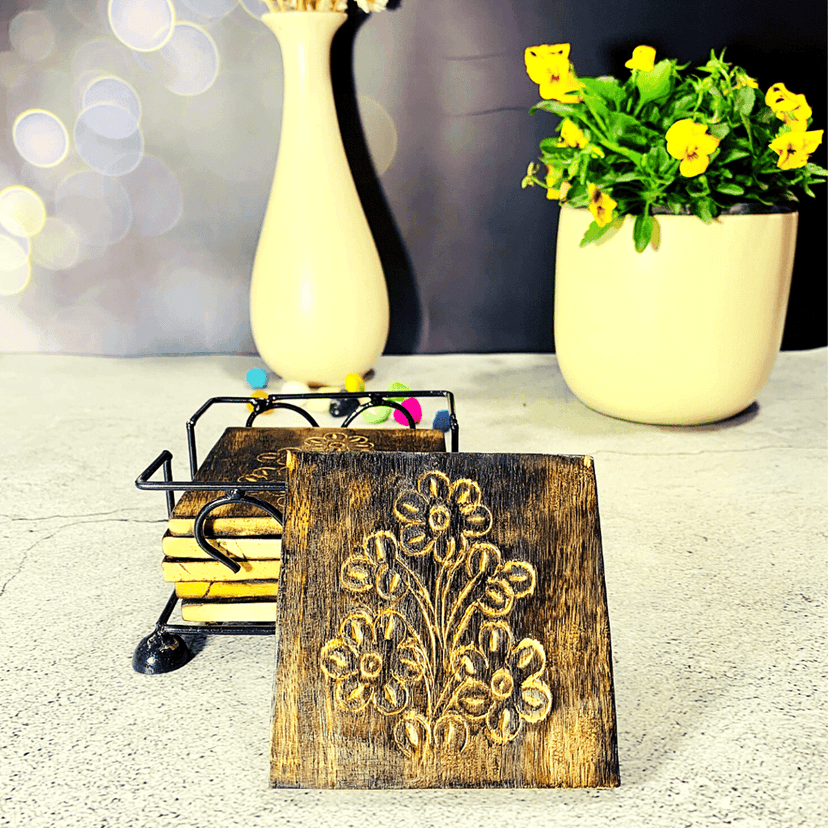 Homefrills Wooden Square carved Coaster Set for Tea Cups Coffee Mugs Beer Cans Bar Tumblers and Water Glasses with Iron Holder / Stand for Kitchen/Dining Table/Office/Restaurant- Handcarved Coasters - Set of 6