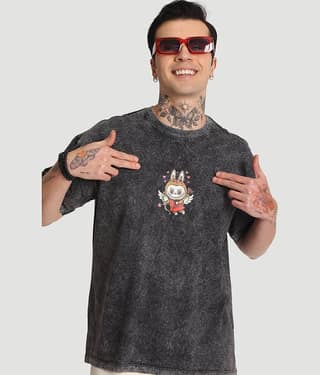 Bene Kleed Men 100% Cotton Oversized Fit Embroidered T-Shirt ( Charcoal Grey )