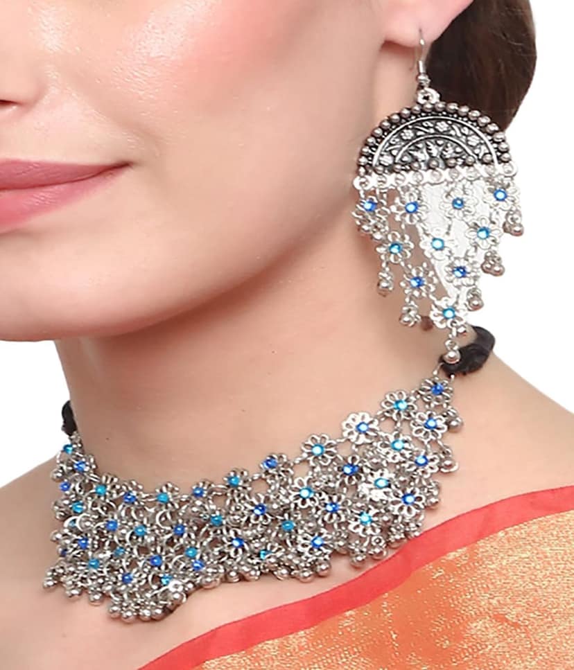 Cardinal Oxidized Silver Color Blue Stone Choker Necklace Set