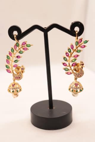 Gold Plated Kundan Meenakari Peacock Jhumka Earrings With Pearls