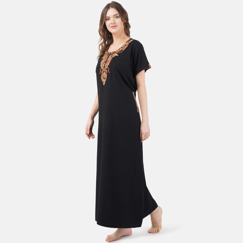 KOI SLEEPWEAR Women's Cotton Blend Cream Embroidered Maxi Length Nightgown (Black, 2XL/3XL) view 4