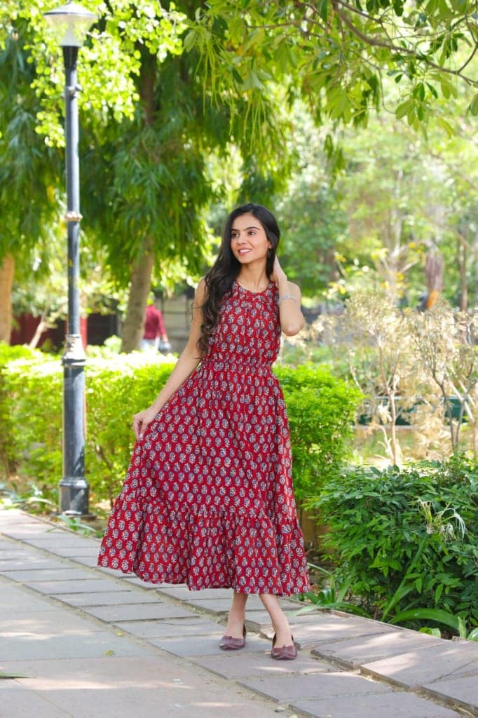 Pure Cotton Halter Neck Midi Red Dress Hand Block Printed (Size: 38-46)-5771 view 2