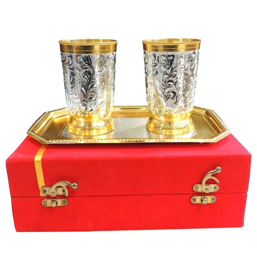 Brass 2 Glass Set with Tray | Brass Drinking Glass Gift Set | Brass Tumbler Set in Velvet Gift Box, Height : 0.25 Inch (BMAS178) view 2
