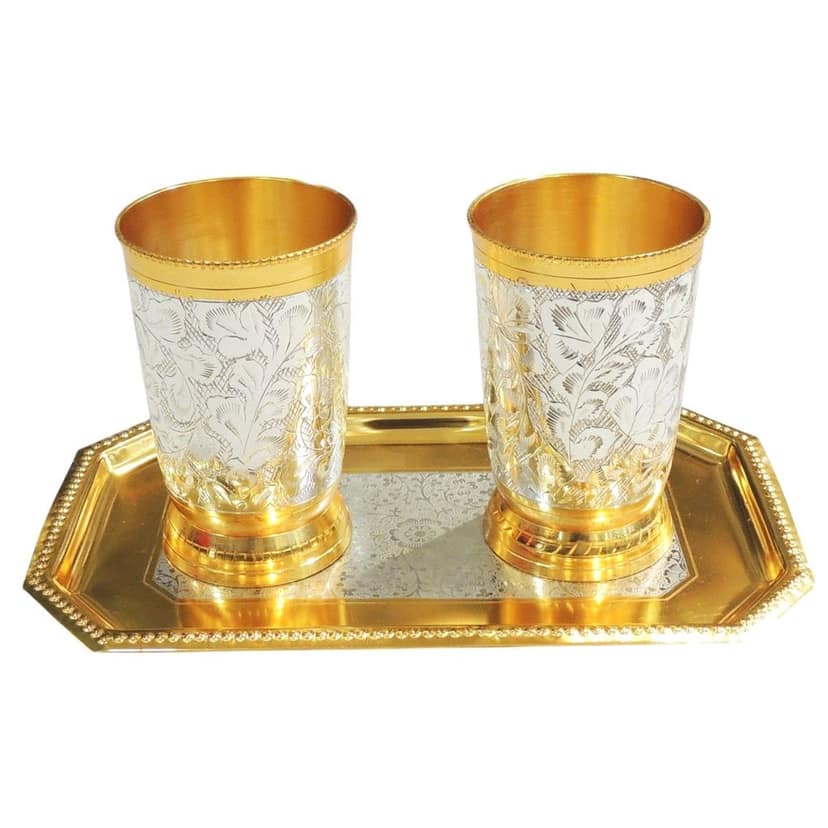Brass 2 Glass Set with Tray | Brass Drinking Glass Gift Set | Brass Tumbler Set in Velvet Gift Box, Height : 0.25 Inch (BMAS178) view 3