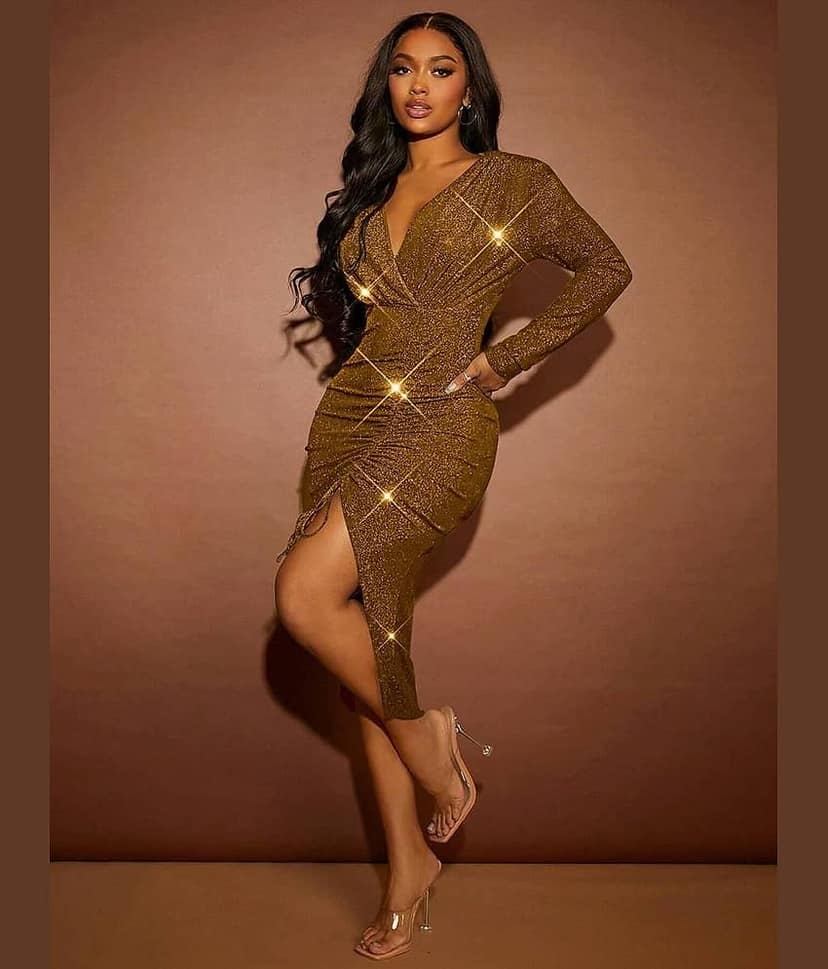 kotty Women Polyester Embellished Bodycon Dress ( Gold ) view 2