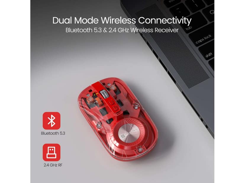 Portronics Toad 8 Transparent Wireless Bluetooth Mouse with Dual Wireless (BT + 2.4 GHz), Rechargeable Battery, Noise-Free Clicking, Show/Hide Desktop, Multi-Device Pair, Adjust Sensitivity - Red view 2