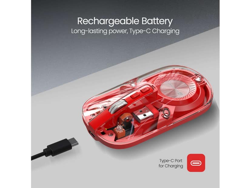 Portronics Toad 8 Transparent Wireless Bluetooth Mouse with Dual Wireless (BT + 2.4 GHz), Rechargeable Battery, Noise-Free Clicking, Show/Hide Desktop, Multi-Device Pair, Adjust Sensitivity - Red view 3