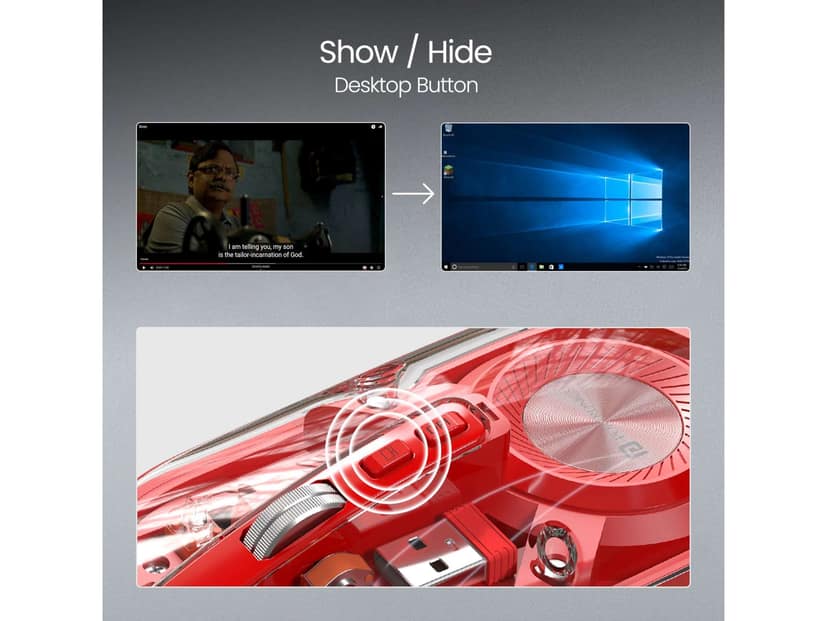 Portronics Toad 8 Transparent Wireless Bluetooth Mouse with Dual Wireless (BT + 2.4 GHz), Rechargeable Battery, Noise-Free Clicking, Show/Hide Desktop, Multi-Device Pair, Adjust Sensitivity - Red view 4