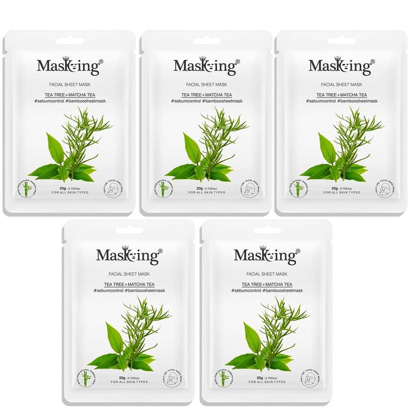 MasKing Bamboo Facial Sheet Mask of Tea Tree & Matcha Tea for Sebum Control Ideal for Women & Men, 20ml each (Pack of 5)