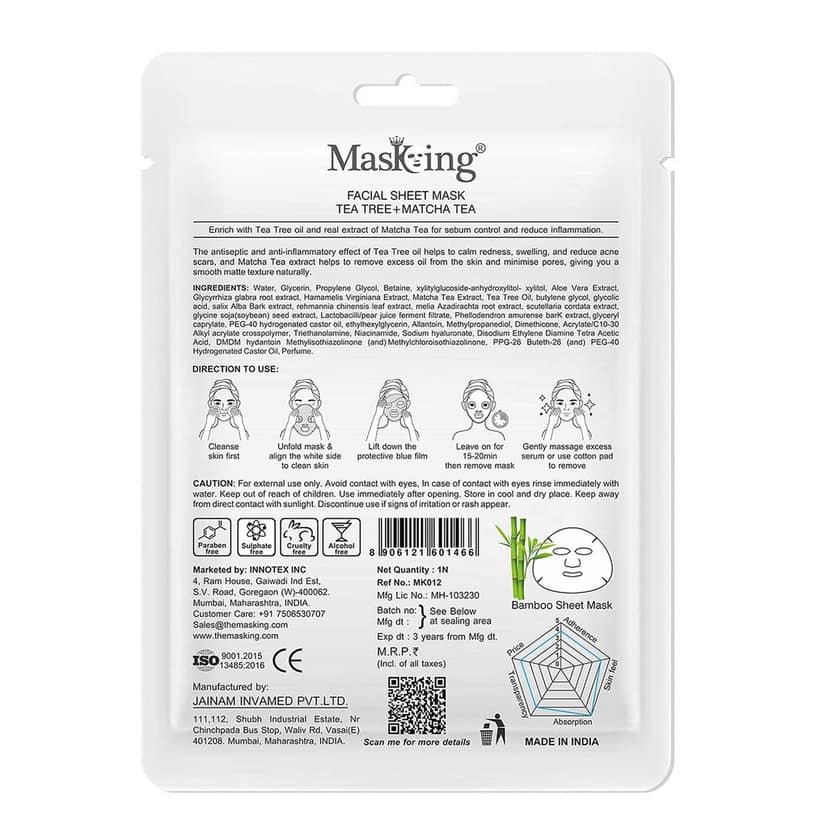 MasKing Bamboo Facial Sheet Mask of Tea Tree & Matcha Tea for Sebum Control Ideal for Women & Men, 20ml each (Pack of 5) view 4