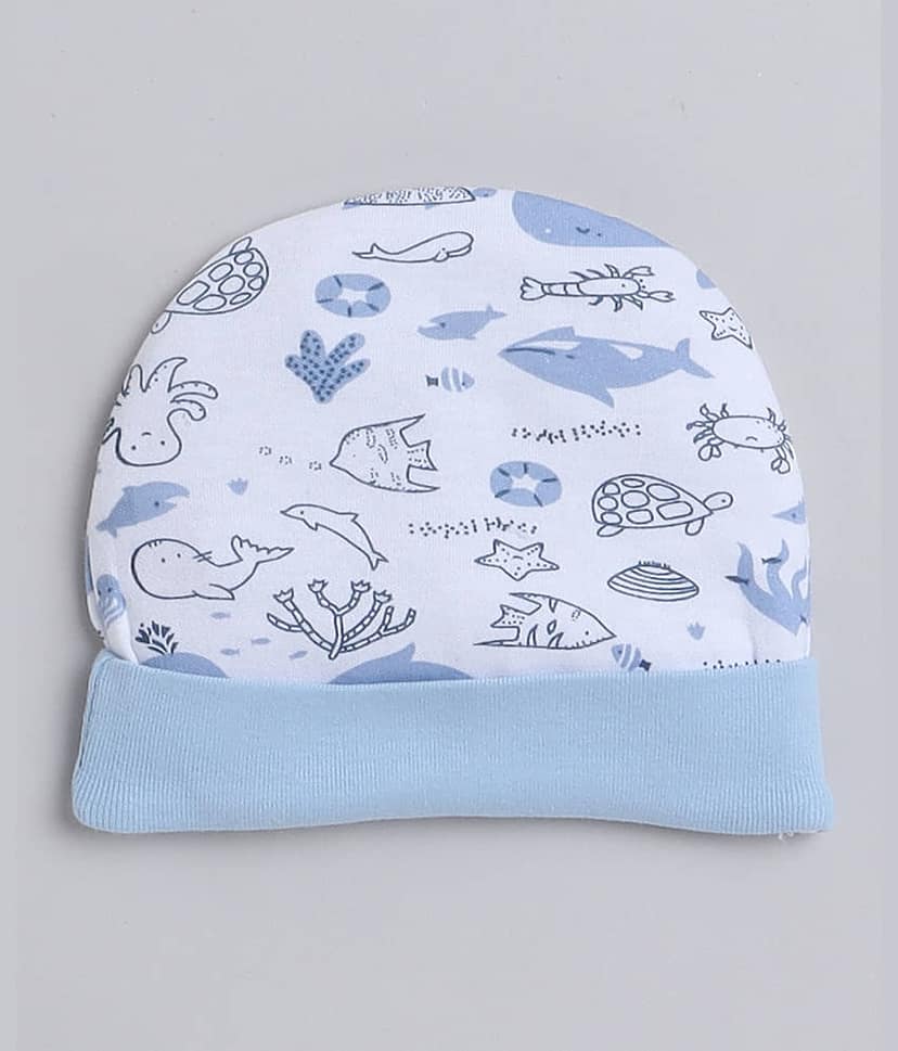 BUMZEE White & Sky Blue Boys Cotton Cap Mitten Bootie Set Age - 0-3 Months view 2