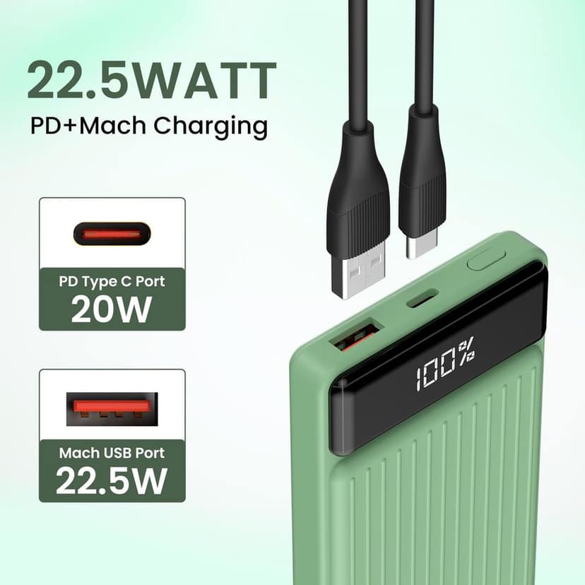 Portronics Luxcell B 10K 10000 mAh 22.5W Fast Charging Power Bank, Ultra Slim Power Bank with Mach USB-A Output, Type C PD Output, Type C Input, Wake Up Button(Green) view 2