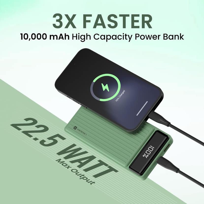Portronics Luxcell B 10K 10000 mAh 22.5W Fast Charging Power Bank, Ultra Slim Power Bank with Mach USB-A Output, Type C PD Output, Type C Input, Wake Up Button(Green) view 4