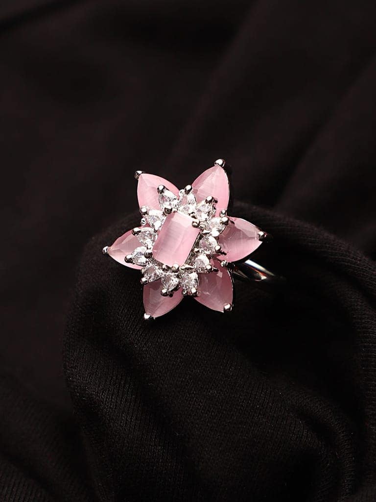 Cardinal Silver Plated Pink Stone Brass American Diamond Adjustable Ring view 2