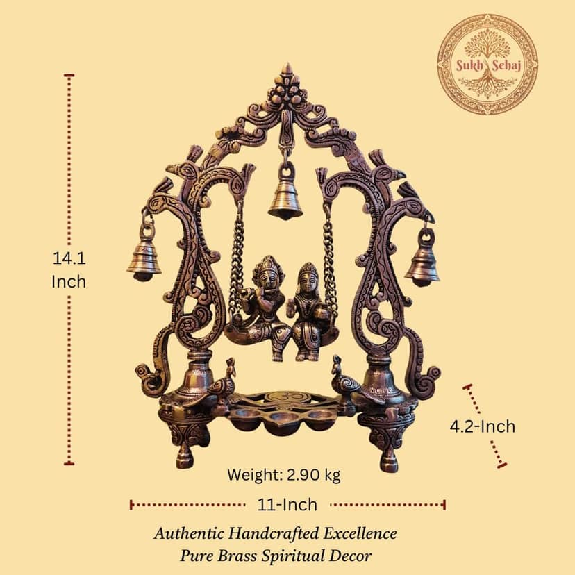 Sukh Sehaj Shree Radha Krishna Jhula | Handcrafted, Antique Finish, 14.1 Inch Length, for Home Temple, Decor, Pooja Ritual and Gifting view 6