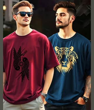 AUSK Men Cotton Blend Oversized Fit Printed T-Shirt ( Teal Blue )