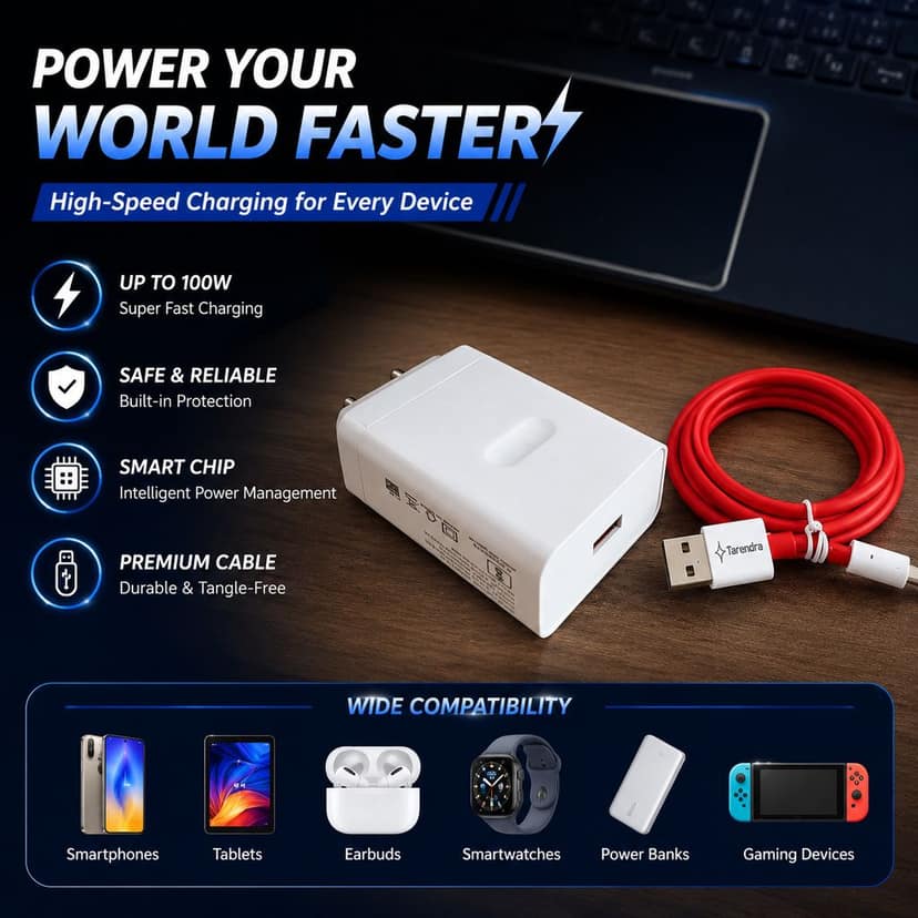 100W Super Fast Charger with 10A USB to Type-C Cable (1 Meter) | Supports SuperVOOC, VOOC, Dash, Warp, Dart, Flash & Fast Charging | USB Wall Charger Adapter for Android Devices view 3