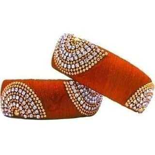 Traditional Orange Silk Thread Bangles with Gold Beaded Design Wear Accessories, Set of 2