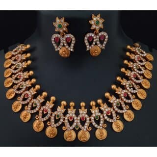 Matt Finish CZ Lakshmi Goddess Pink Green Jewellery Set