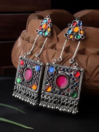 Cardinal Oxidized Silver Color Multicolor Stone Antique Earrings