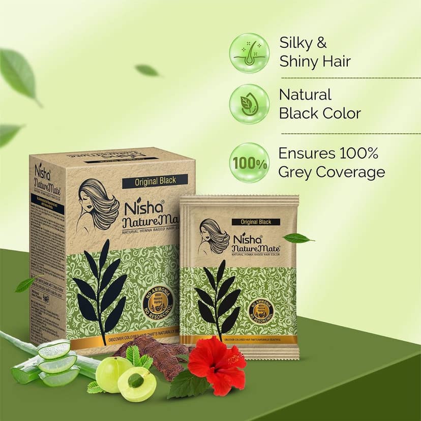 Nisha Nature Mate Henna Based Hair Colour Original Black 60gm Pack of 2, No Ammonia, No Resorcinol, 100% Grey Coverage view 6