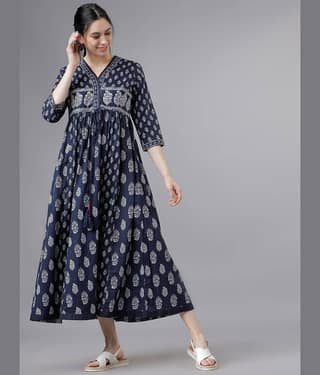 Vishudh Women Cotton Printed Empire Dress ( Blue )