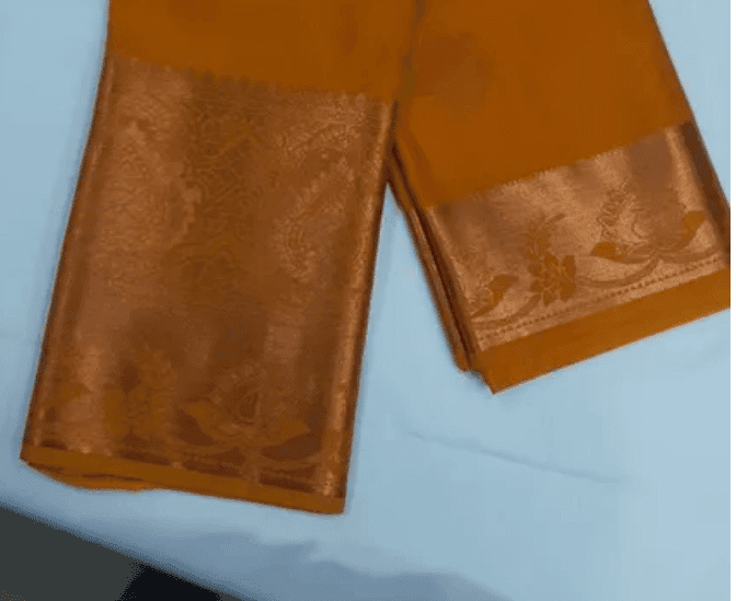 Women Semi Pattu Saree Silk Blend Saree gold color saree with self pallu and blouse view 2