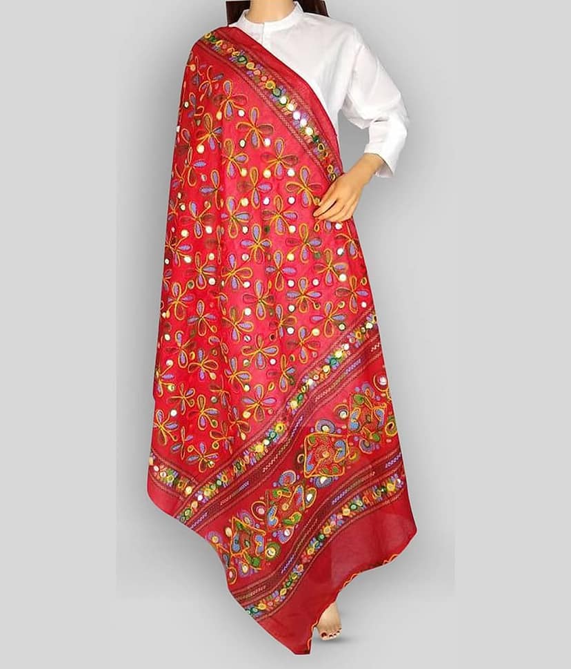 Apratim Red Cotton Aari Embroidered Dupatta