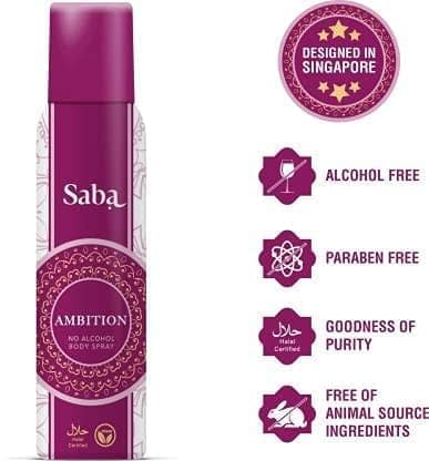 SABA Ambition Perfumed Body Spray Deodorant, Long lasting Fragrance, No Alcohol , Perfumed Body Spray Deodorant,Long lasting Fragrance,No Alcohol, Zero Itching, Zero Burning Sensation, Vegan and Halal, For women - 150 ml view 4