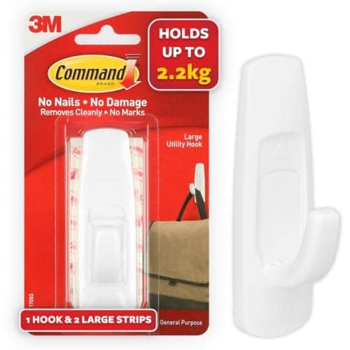 Command Large Plastic Hooks for walls, pack of 1 Hook and 2 Strips, Holds 2.2kg, Self Adhesive, Damage Free Walls,White view 2