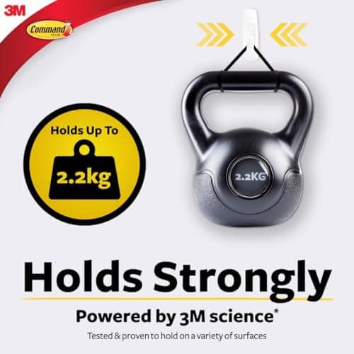 Command Large Plastic Hooks for walls, pack of 1 Hook and 2 Strips, Holds 2.2kg, Self Adhesive, Damage Free Walls,White view 3