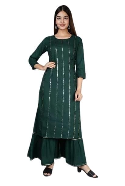 Buy & Try Women's Rayon Kurti with Sharara Set. Aari Work Kurta Sarara for Eid Festival Occasion. view 5