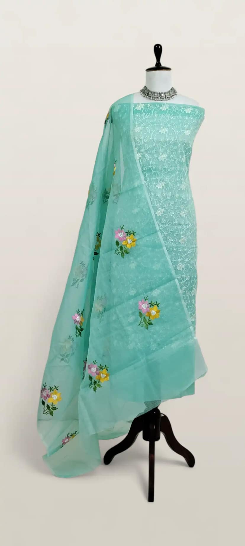 Kota Doria Dress Material Teal Green Floral Jaal