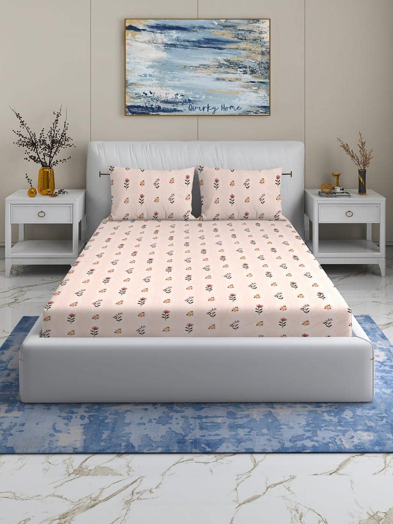 Quirky Home Rome Collection Premium Cotton Blend 180 TC Flat Double Wrinklefree Bedsheet with 2 Pillow Covers, Beige Flower