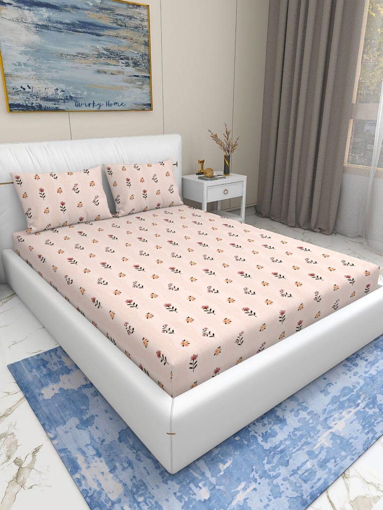 Quirky Home Rome Collection Premium Cotton Blend 180 TC Flat Double Wrinklefree Bedsheet with 2 Pillow Covers, Beige Flower view 2