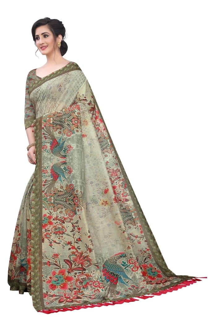 Silk Zone Women's Cotton Blend Kalamkari Digital Printed Tassel Saree with Blouse Piece view 3