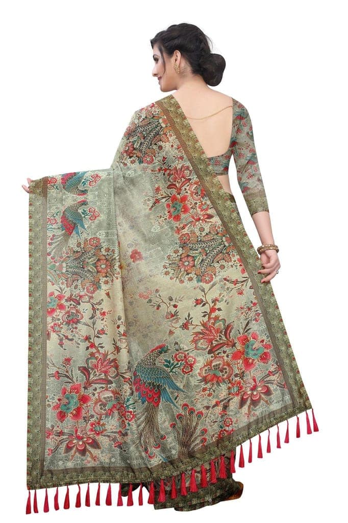 Silk Zone Women's Cotton Blend Kalamkari Digital Printed Tassel Saree with Blouse Piece view 4