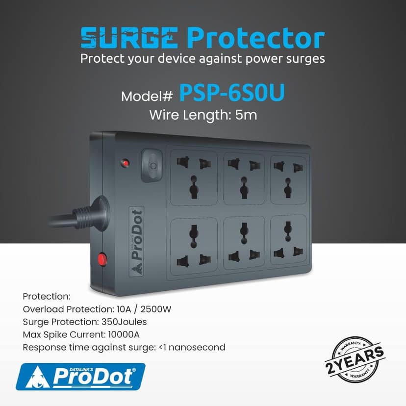 PRODOT Power Spike Guard, Strip Surge Protector with Master Switch and 6 Outlets, Heavy Duty Extension Cord for Home, Office, Travel & Phone Charging view 2
