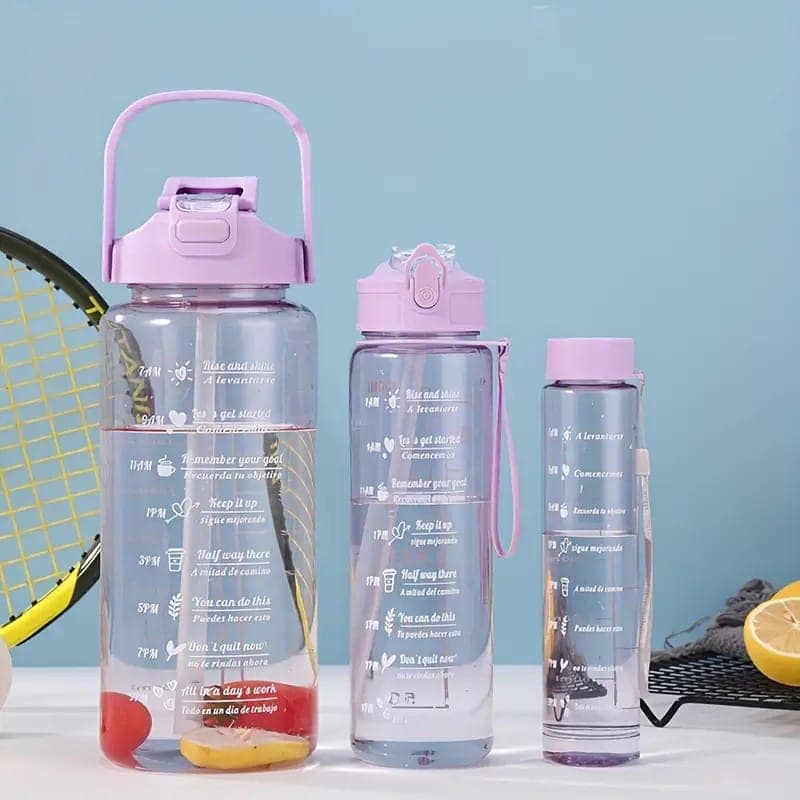 3-in-1 Motivational Water Bottle Combo Set (2000ML, 1000ML, 500ML) | Leakproof BPA-Free Bottles with Time Marker, Straw & Sipper | Gym, Office, Travel, Sports Bottles (Transparent, Durable)