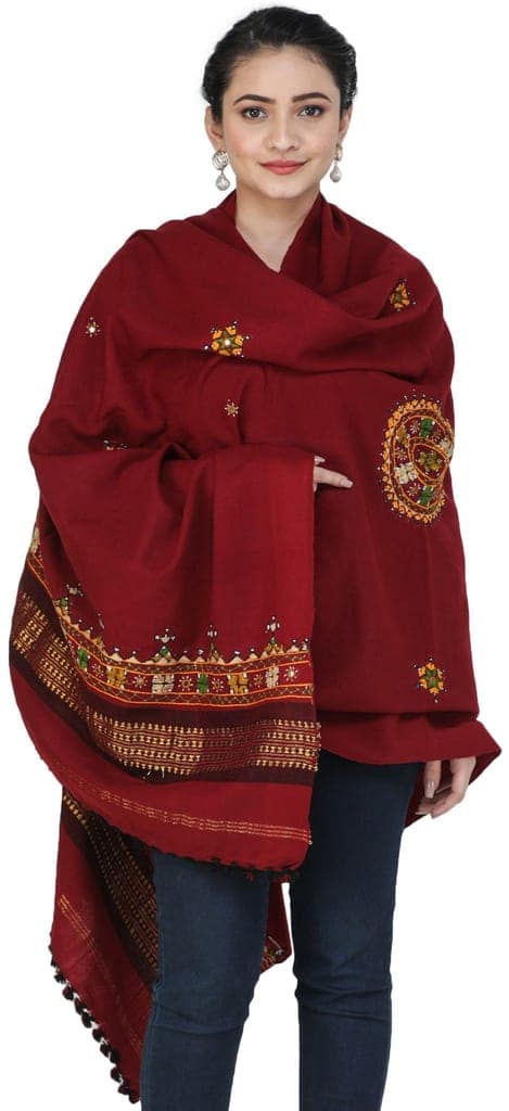 Garnet Shawl from Kutch with Embroidered Chakra and Mirrors view 3