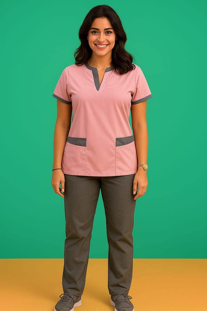 Premium Scrub Suits | Unisex | Style With Grey Accent | Polycotton, Stylish, Comfortable | Half Sleeves| Ideal For Health Care Professionals | Color (Pastel Pink) Sizes S-2XL