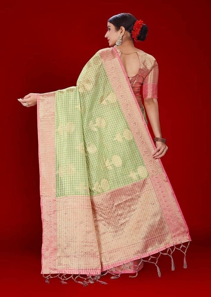 Woven Organza Saree in Light Green view 2