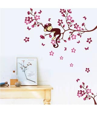 Asmi Collection Pvc Wall Stickers Wall Decals Pink Branches Monkey