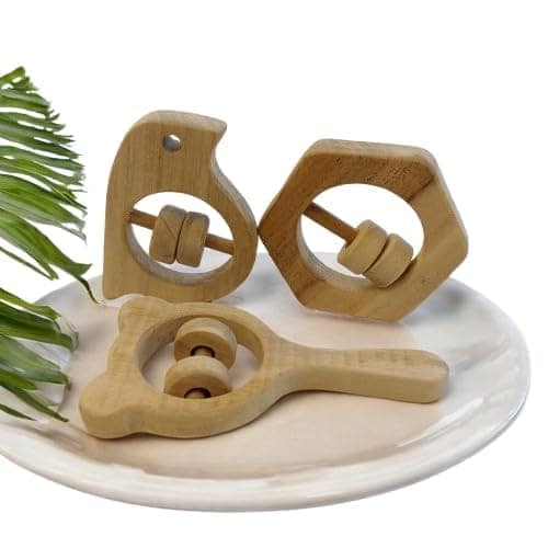 Neemtoys Neem Wooden Sensory Developing Rattles, Sparrow, Mickey Head & Hexagon Shaped, Sourced Shapes Teether, Teething Toy for Babies with Multiple Textured Surface (Brown)