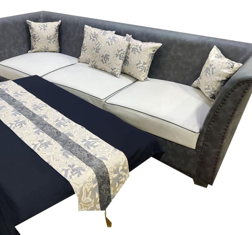 GOODVIBES Grey White Damask Floral Woven Square 5 Cushion Covers and 1 Table Runner Combo Luxury Modern Pillow Cover for Sofa Living Room Bedroom |24X24 Inch Cushion Cover I12 X 59 Inch Table Runner