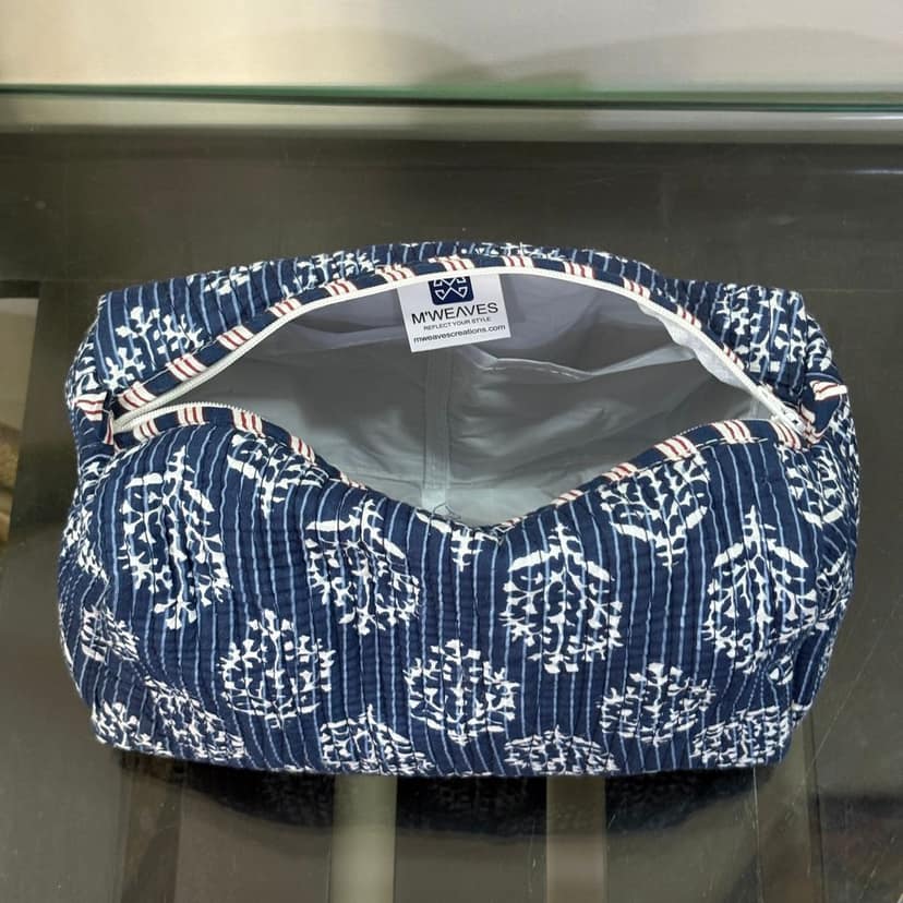 Indigo Petal Block Print Quilted Cotton Tote Bag With Pouch Set Of 4 Blue 15"X15" view 3