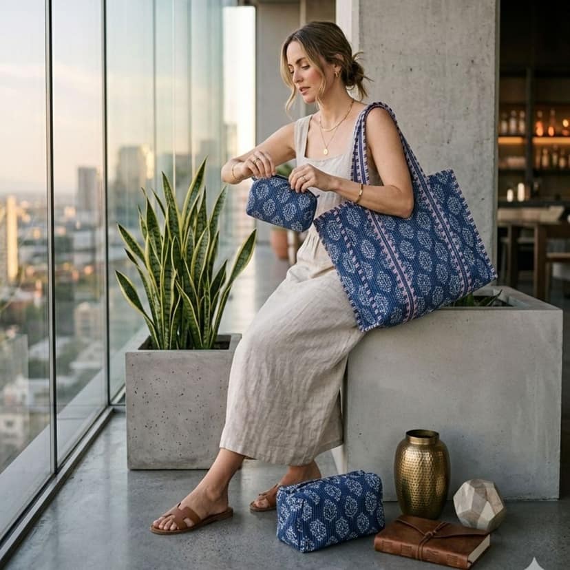 Indigo Petal Block Print Quilted Cotton Tote Bag With Pouch Set Of 4 Blue 15"X15" view 5